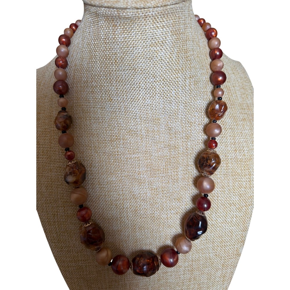 Vintage Earth Tone Beaded Statement Necklace Amber Brown Tortoise Chunky